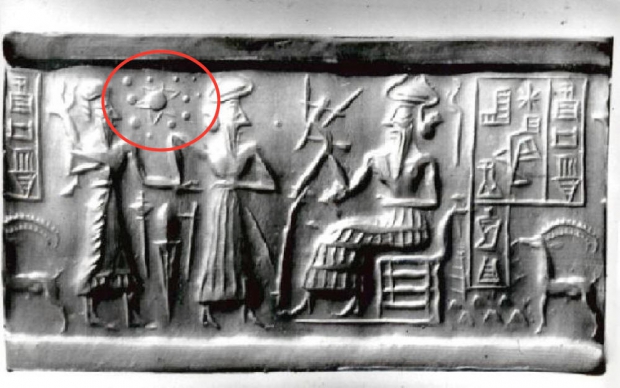 Le bas-relief sumérien sur lequel Sitchin croit avoir trouvé la preuve de l'existence de Nibiru, la neuvième planète.